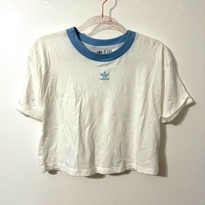 Adidas womens crop top white blue ringer tee EUC Size M